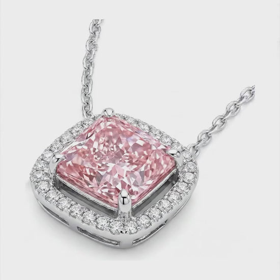 4.5 Carat Radiant Pink Lab Grown Diamond and White Diamond Halo Pendant 14K White Gold