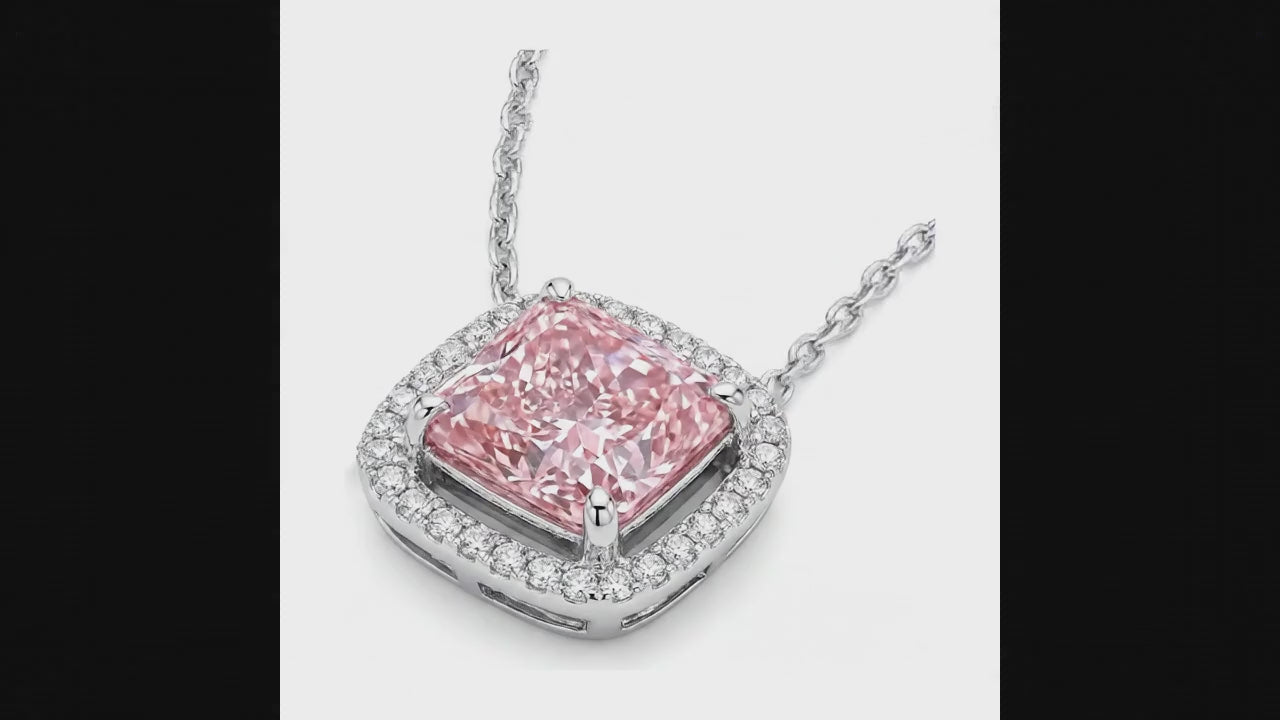 4.5 Carat Radiant Pink Lab Grown Diamond and White Diamond Halo Pendant 14K White Gold