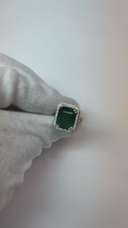 Zambian Green Emerald And Natural Earth Mined Diamond Engagement Ring 11.50 Carats Two Tone 14K
