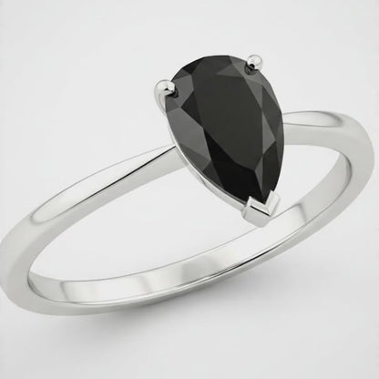 7 Carat Pear Black Diamond Solitaire Ring Natural 14K White Gold