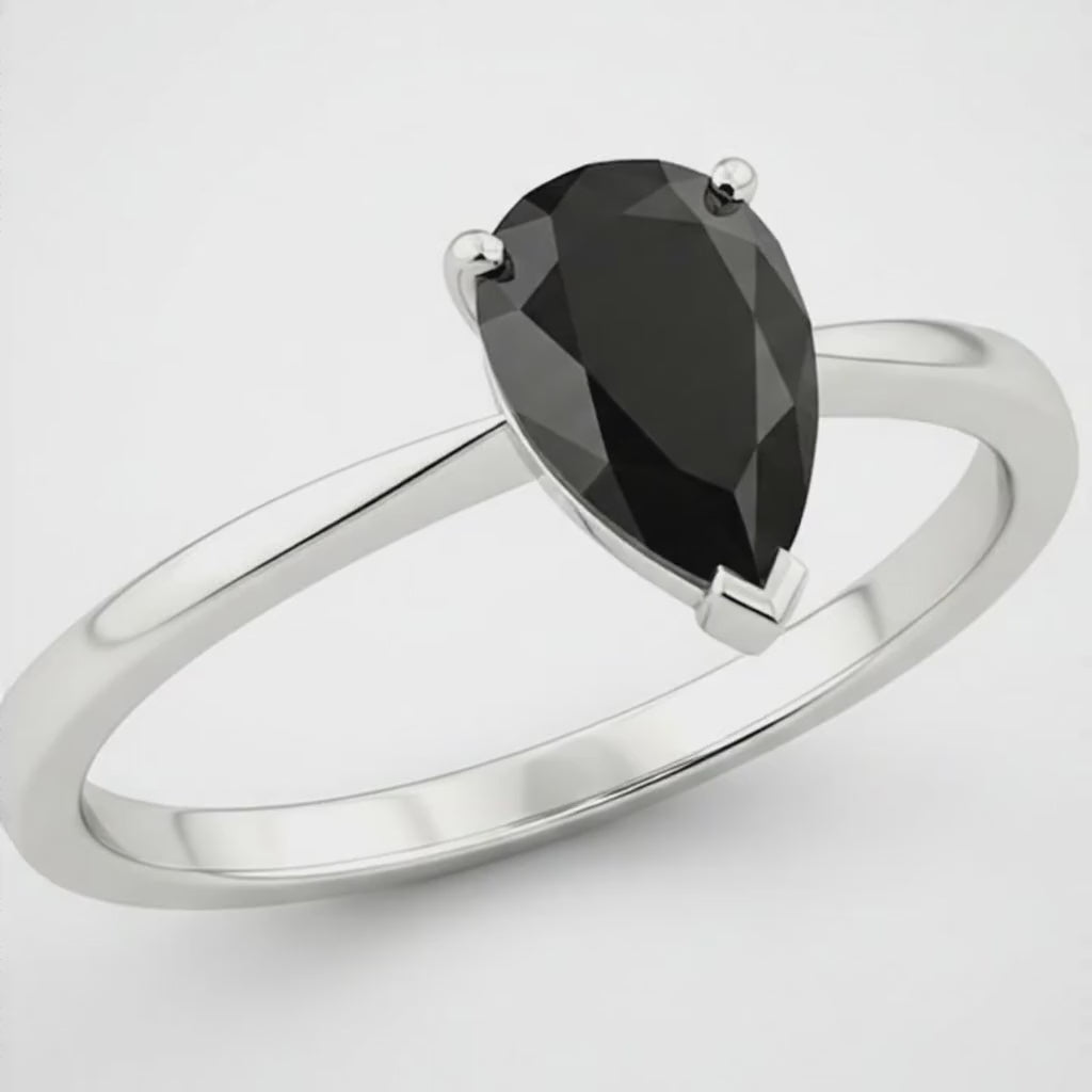7 Carat Pear Black Diamond Solitaire Ring Natural 14K White Gold