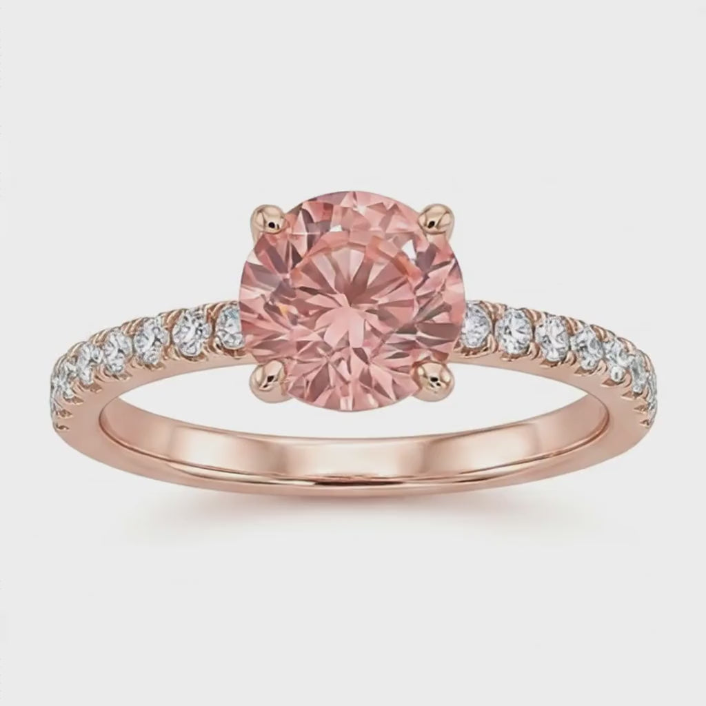Round Padparadscha and White Diamond Pave Ring Natural 14K Rose Gold