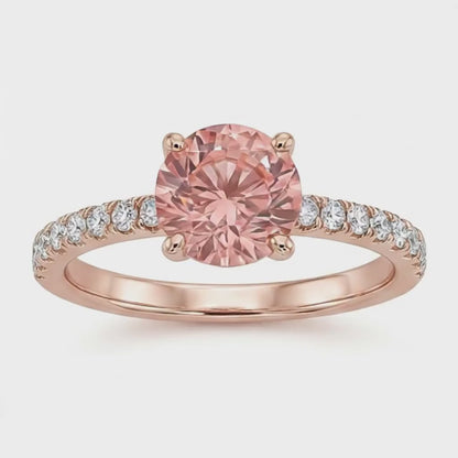 Round Padparadscha and White Diamond Pave Ring Natural 14K Rose Gold