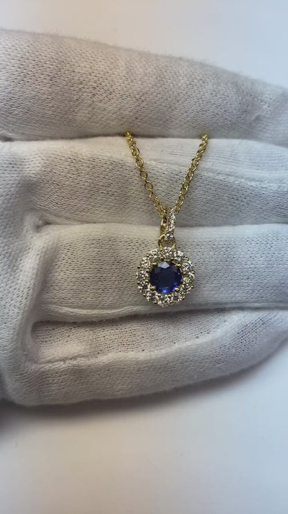 2 Carats Round Blue Sapphire & Natural Earth Mined Diamond Pendant Necklace 14K Gold