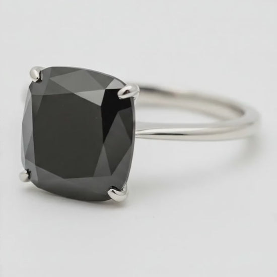8 Carat Cushion Black Diamond Solitaire Ring Natural 14K White Gold