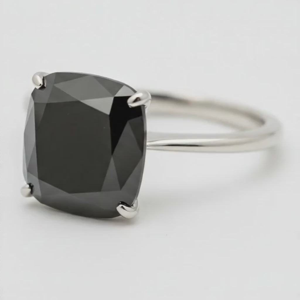 8 Carat Cushion Black Diamond Solitaire Ring Natural 14K White Gold