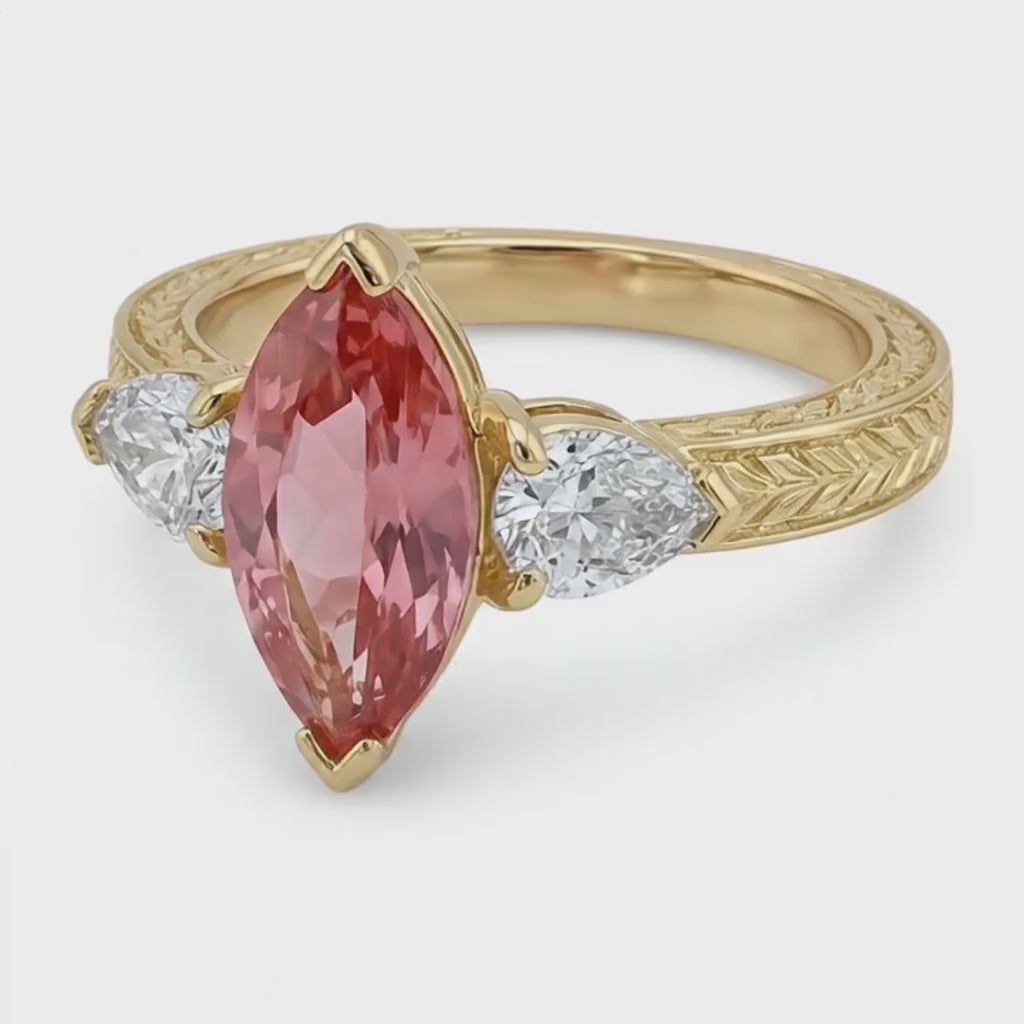 Marquise Lab Grown Padparadscha and Lab Grown Diamond Three Stone Ring 14K Yellow Gold