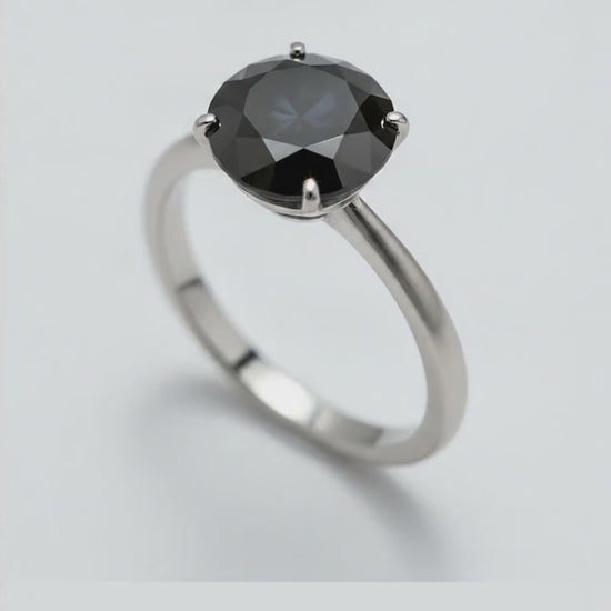 10 Carat Round Black Diamond Solitaire Ring Natural 14K White Gold