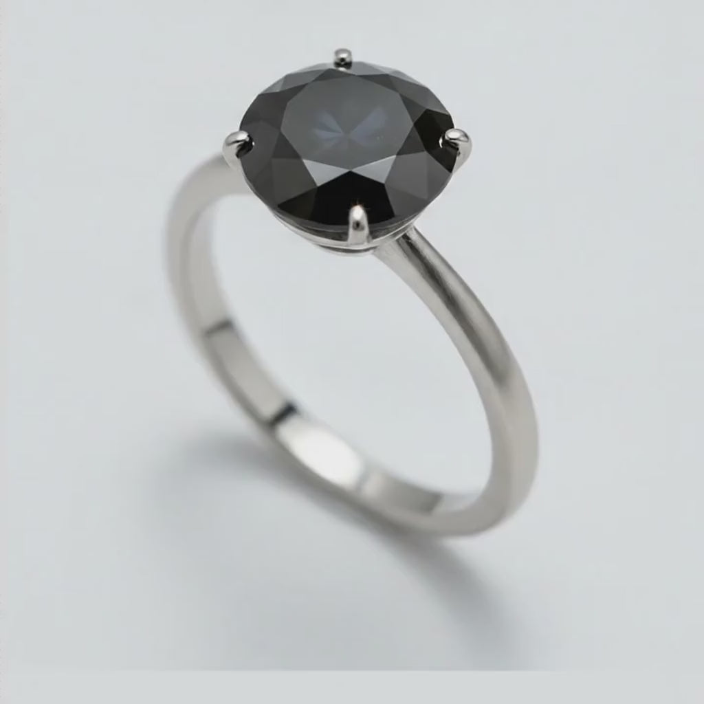 10 Carat Round Black Diamond Solitaire Ring Natural 14K White Gold