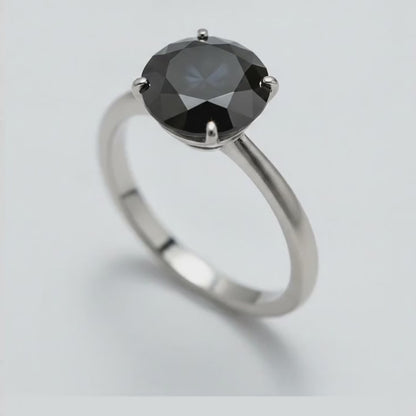 10 Carat Round Black Diamond Solitaire Ring Natural 14K White Gold
