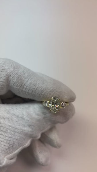 Three Stone Ring Oval & Pear Cut Mined Diamonds 14K Yellow Gold