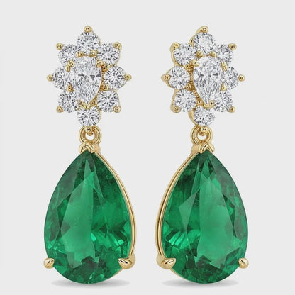 Green Emerald Earrings 5.5 Carat Lab Grown Pear Cluster Leverback 14K Yellow Gold