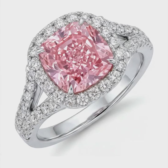4.5 Carat Cushion Pink Lab Grown Diamond and White Diamond Halo Ring 14K White Gold