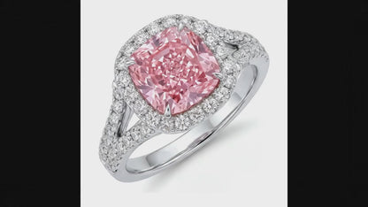 4.5 Carat Cushion Pink Lab Grown Diamond and White Diamond Halo Ring 14K White Gold