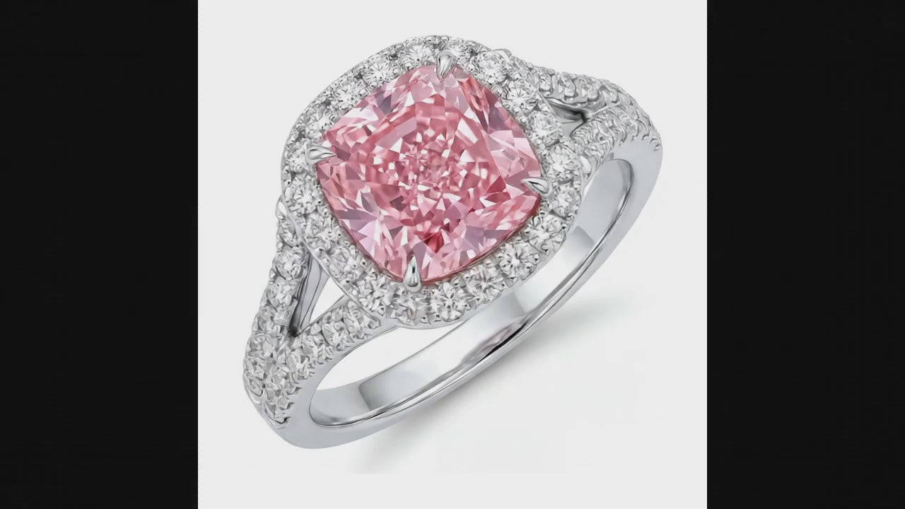 4.5 Carat Cushion Pink Lab Grown Diamond and White Diamond Halo Ring 14K White Gold