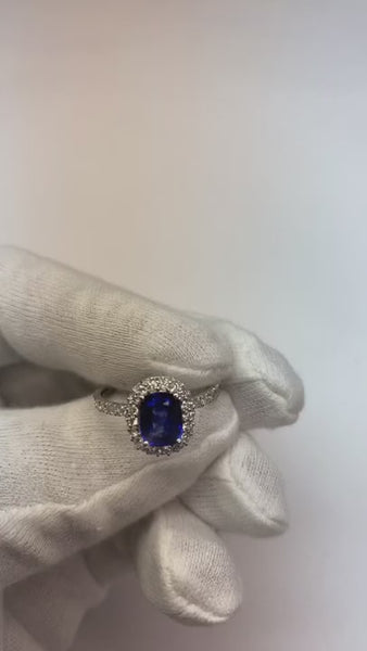 3 Ct Cushion Sri Lanka Blue Sapphire And Halo Diamond Ring