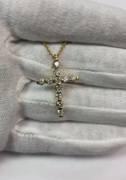 Round Diamond Cross Necklace Pendant 1.10 Carat Yellow Gold 14K