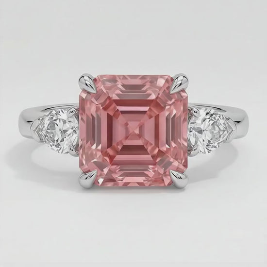 Asscher Cut Padparadscha and White Trilliant Three Stone Ring Natural Platinum