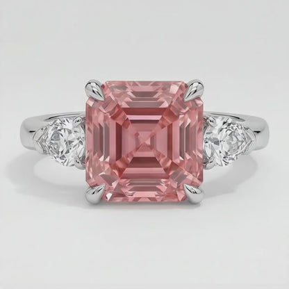 Asscher Cut Padparadscha and White Trilliant Three Stone Ring Natural Platinum