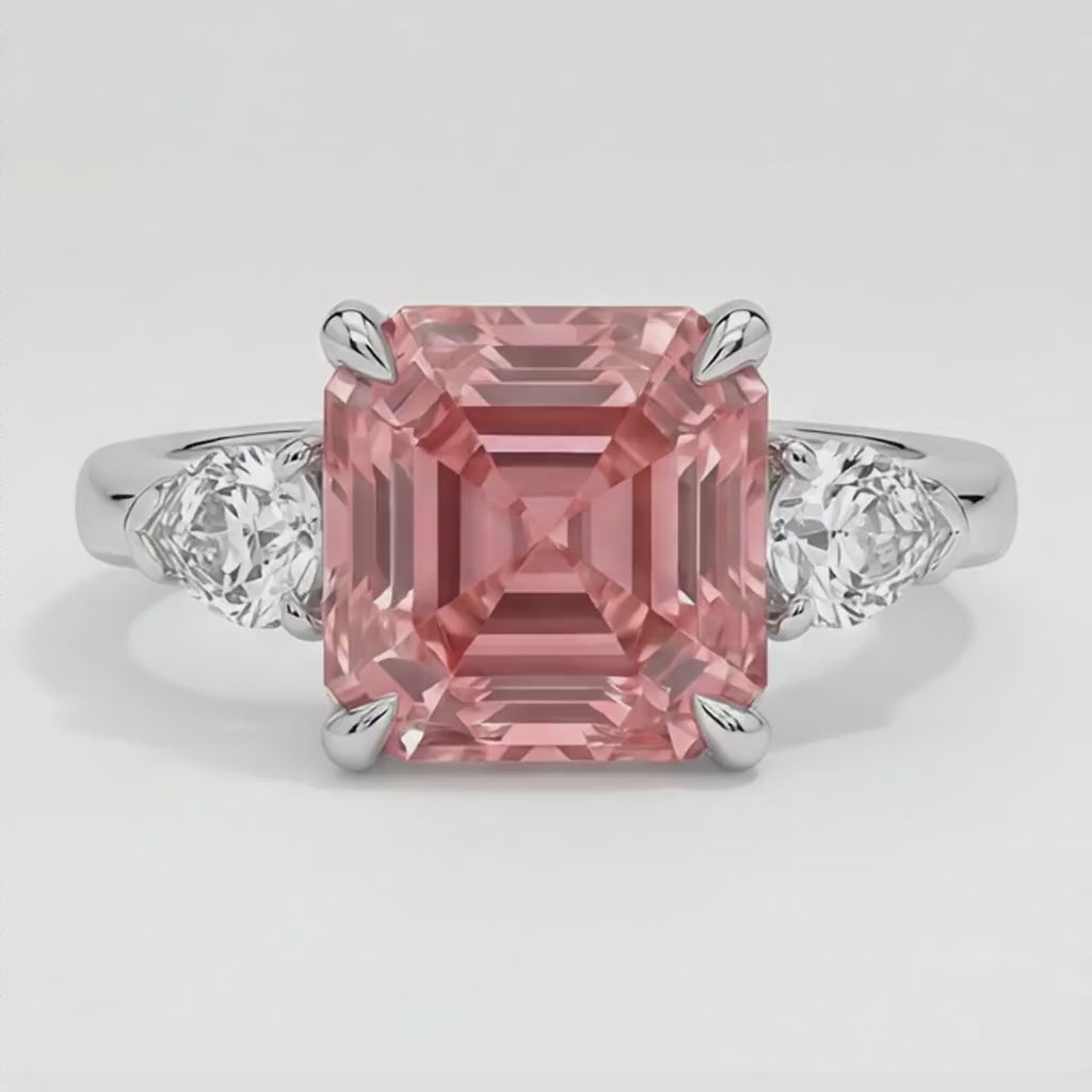 Asscher Cut Padparadscha and White Trilliant Three Stone Ring Natural Platinum