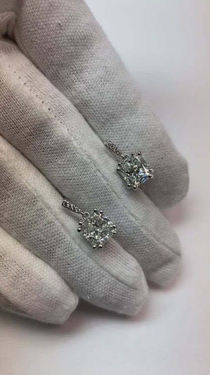 Natural Earth Mined Diamond Halo Drop Earrings 6.50 Carats Cushion Old Cut White Gold