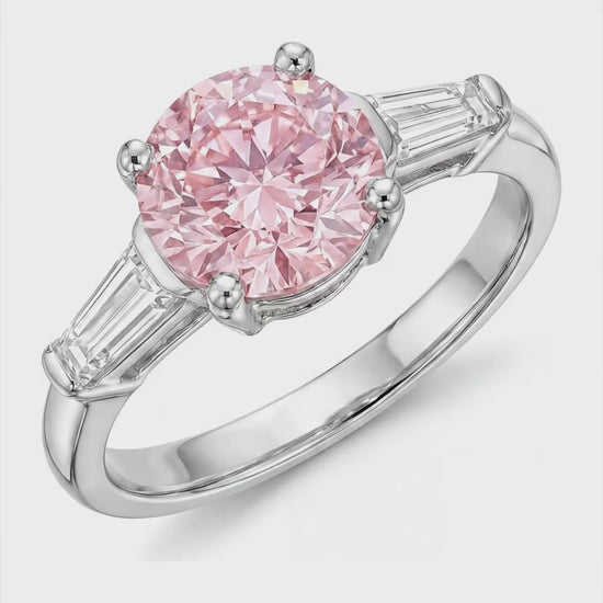 3.5 Carat Round Pink Lab Grown Diamond and White Diamond Three Stone Ring 14K White Gold