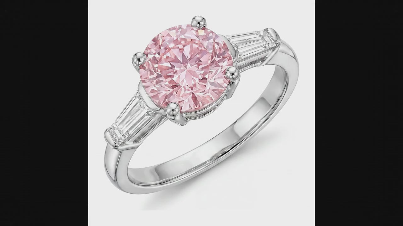 3.5 Carat Round Pink Lab Grown Diamond and White Diamond Three Stone Ring 14K White Gold
