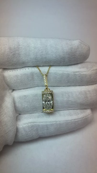 White Gold Natural Earth Mined Diamond Pendant Bar Set Oval Old Cut 4 Carats 14K