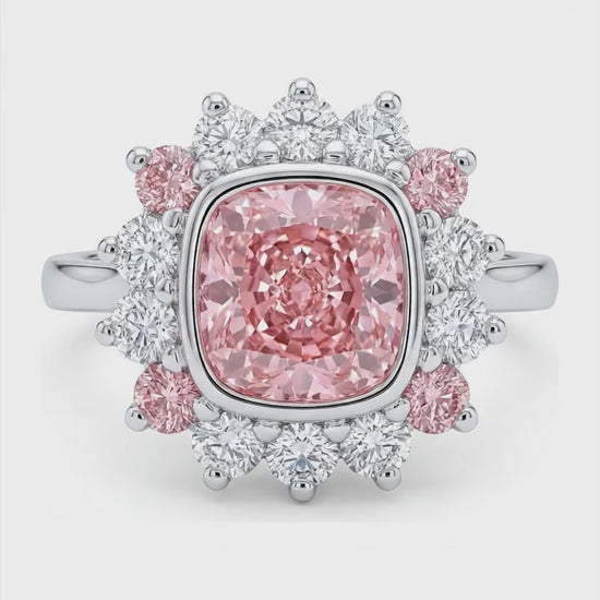 5.5 Carat Cushion Pink Lab Grown Diamond and White Diamond Halo Ring 14K White Gold