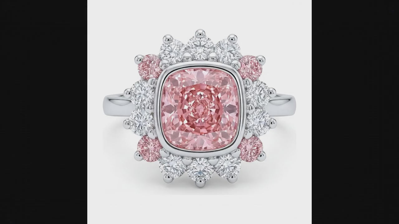 5.5 Carat Cushion Pink Lab Grown Diamond and White Diamond Halo Ring 14K White Gold