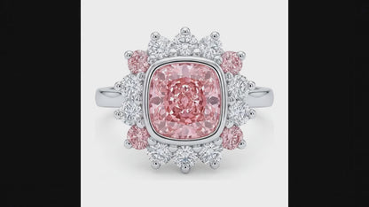 5.5 Carat Cushion Pink Lab Grown Diamond and White Diamond Halo Ring 14K White Gold