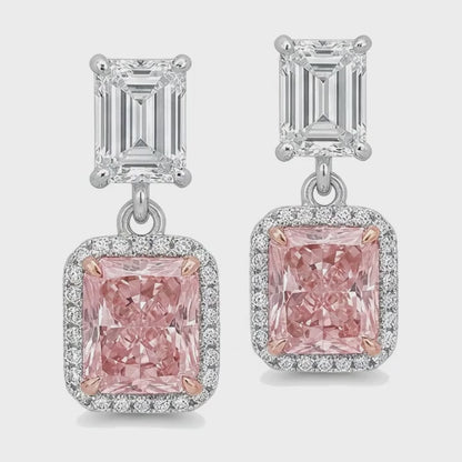 Pink Diamond Drop Earrings 5 Carat Lab Grown Radiant Halo Emerald Cut Tops 14K White Gold