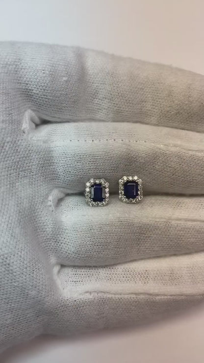 Sri Lanka Sapphire Emerald Cut Halo Round Natural Earth Mined Diamond Stud Earring WG 14K