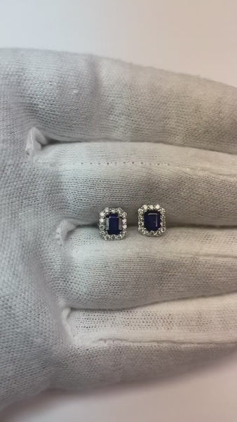 Sri Lanka Sapphire Emerald Cut Halo Round Diamond Stud Earring WG 14K