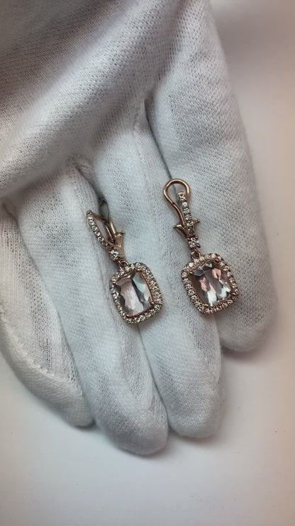 9 Carat Morganite Dangle Earrings With Small Natural Earth Mined Diamond Rose Gold 14K