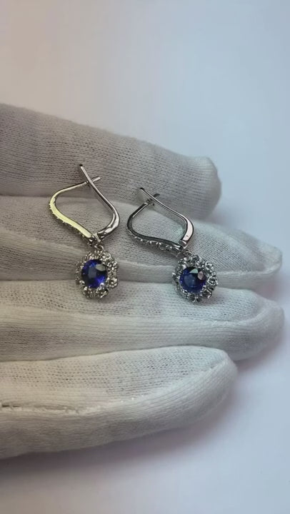 Round Cut 2.50 Ct Sri Lankan Sapphire And Natural Earth Mined Diamond Dangle Earring