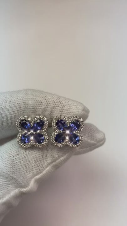 Blue Pear Sapphire Natural Earth Mined Diamond Cluster Earring White Gold 14K 4.66 Ct