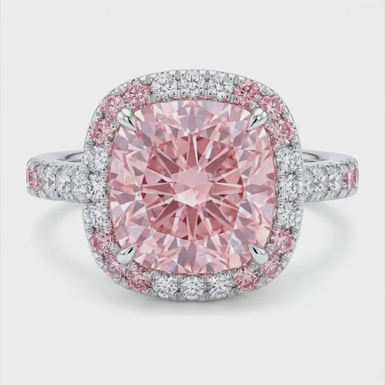 6 Carat Cushion Pink Lab Grown Diamond and White Diamond Double Halo Ring 14K White Gold