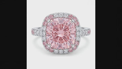 6 Carat Cushion Pink Lab Grown Diamond and White Diamond Double Halo Ring 14K White Gold