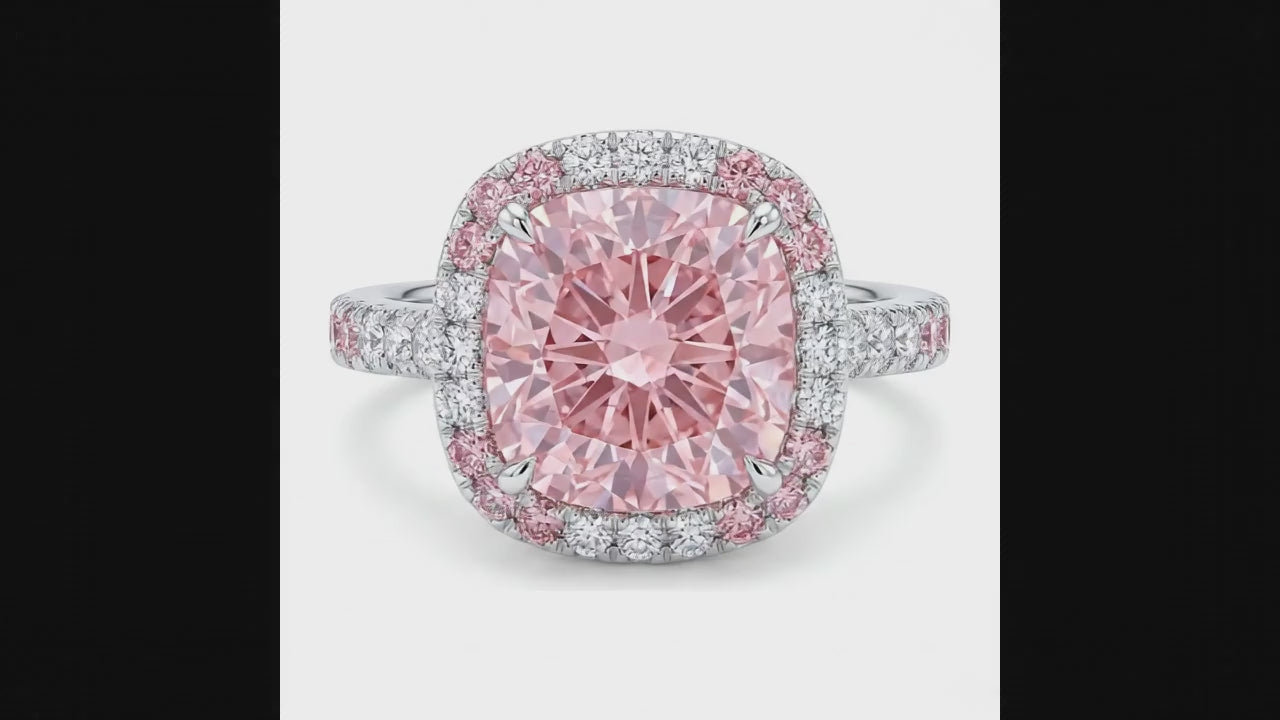 6 Carat Cushion Pink Lab Grown Diamond and White Diamond Double Halo Ring 14K White Gold