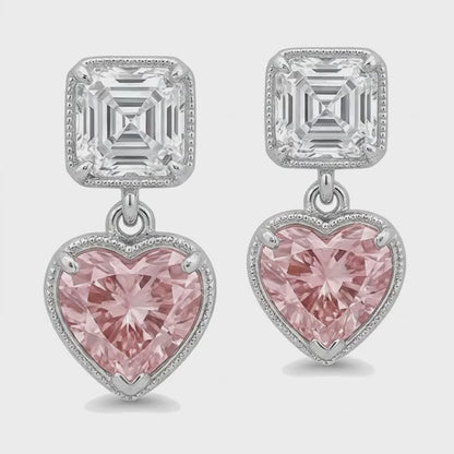 Pink Diamond Drop Earrings 4.5 Carat Lab Grown Heart Milgrain Asscher Tops 14K White Gold