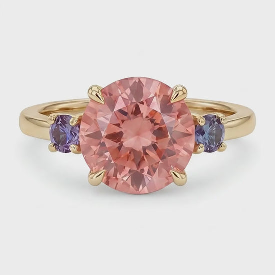 Round Lab Grown Padparadscha and Purple Sapphire Three Stone Ring 14K Yellow Gold