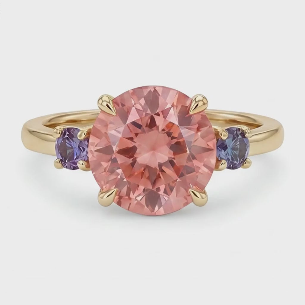 Round Lab Grown Padparadscha and Purple Sapphire Three Stone Ring 14K Yellow Gold