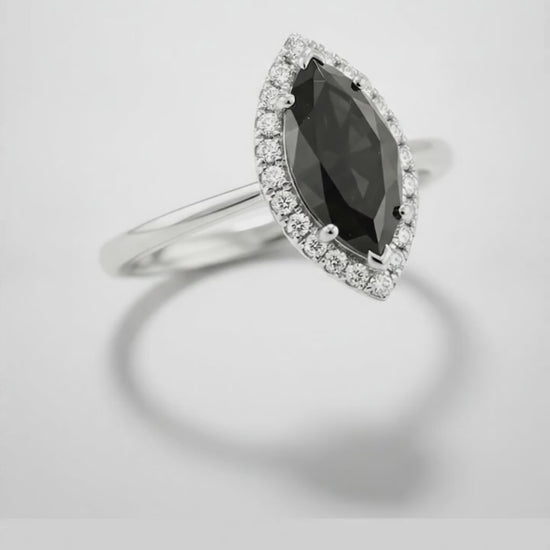 10 Carat Marquise Black Diamond and White Diamond Halo Ring Natural 14K White Gold