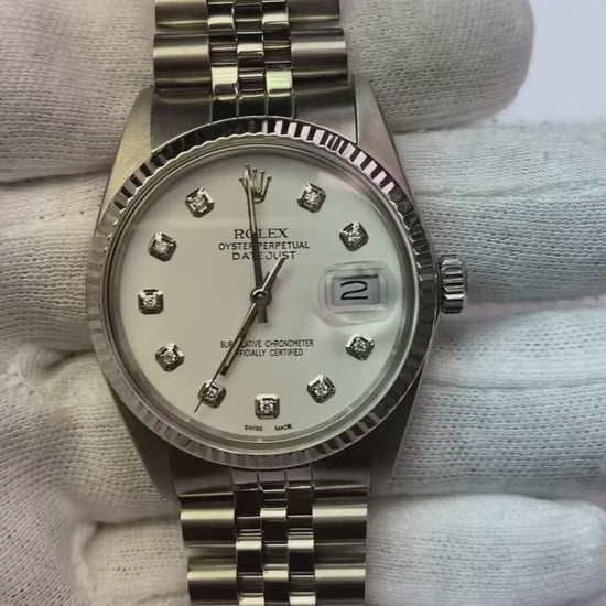 Rolex Datejust 36 mm White Mother Of Pearl Diamond Dial Stainless Steel Watch