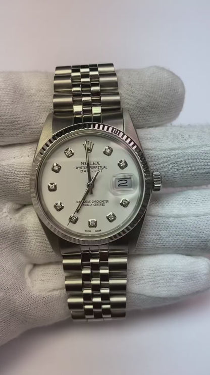 Rolex Datejust 36 mm White Mother Of Pearl Diamond Dial Stainless Steel Watch