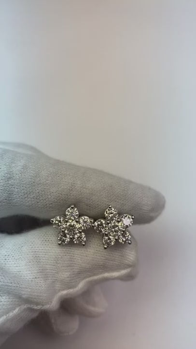 Natural Earth Mined Diamond Stud Earrings 3.50 Carats Flower Shape White Gold 14K