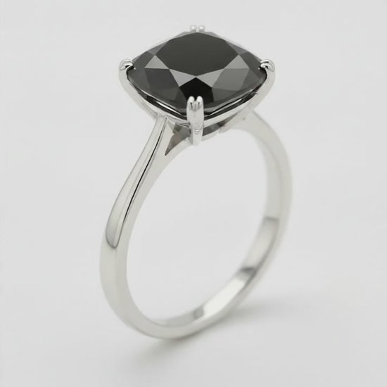 10 Carat Cushion Black Diamond Solitaire Ring Natural 14K White Gold