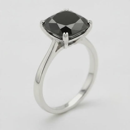 10 Carat Cushion Black Diamond Solitaire Ring Natural 14K White Gold