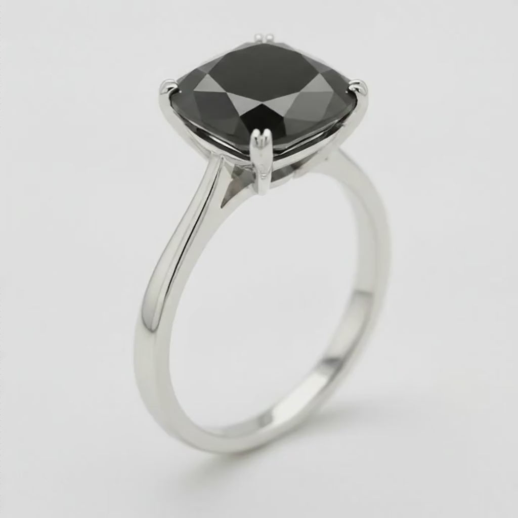 10 Carat Cushion Black Diamond Solitaire Ring Natural 14K White Gold